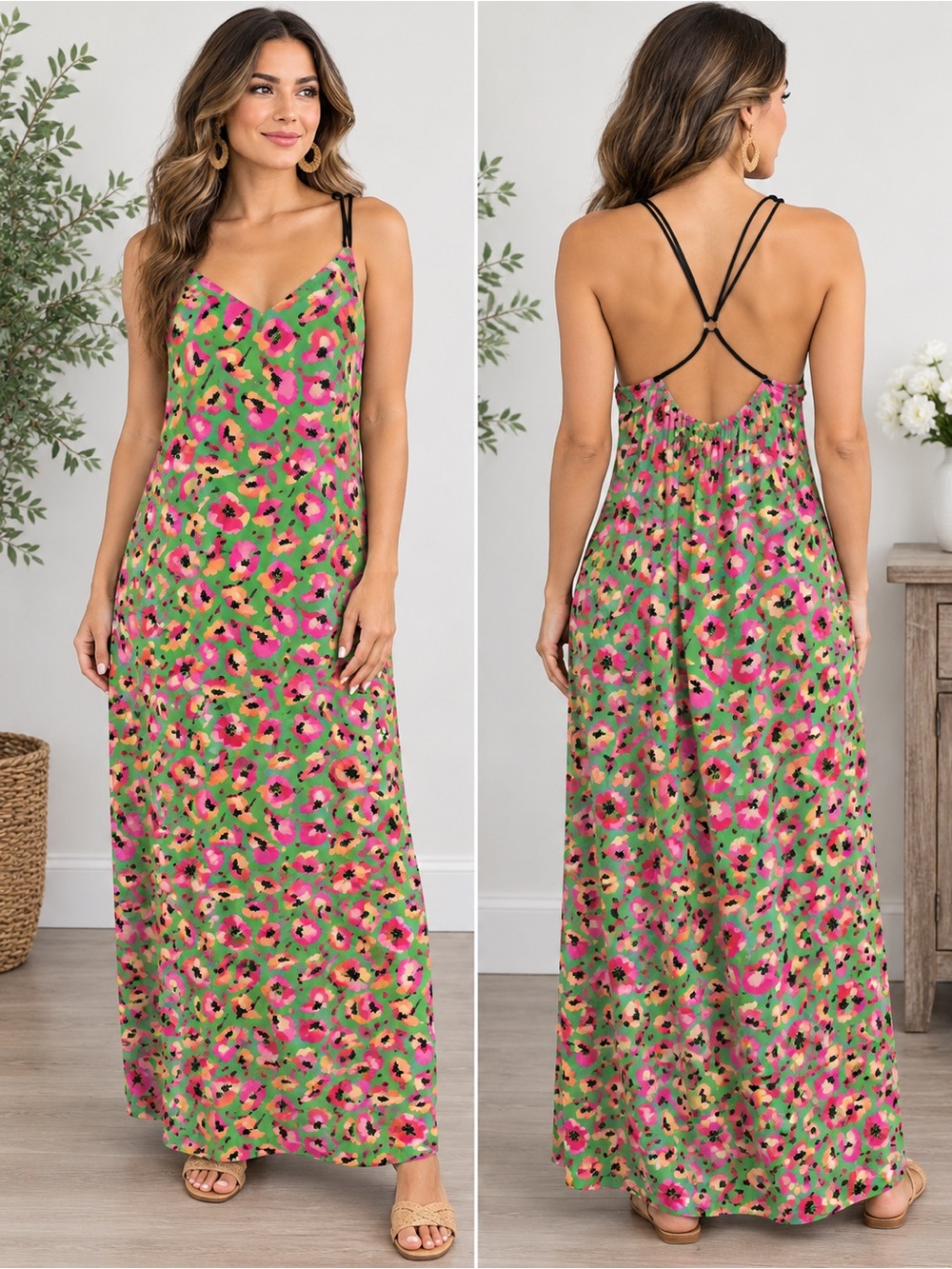 Lavin Floral Maxi Dress Women Sz 38 Green Pink Racerback Sleeveless Stretch